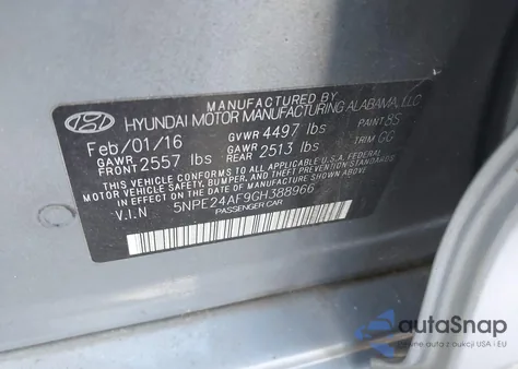 2016 Hyundai Sonata z USA, uszkodzony, nr VIN 5NPE24AF9GH388966